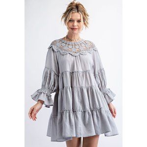 Easel Blue Sky Crochet Lace Cotton Gauze Ruffled Loose Fit Pleated Dress